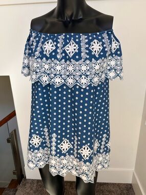 MIGUELINA Off-Shoulder Navy Blue Polka Dot Dress with White Embroidery